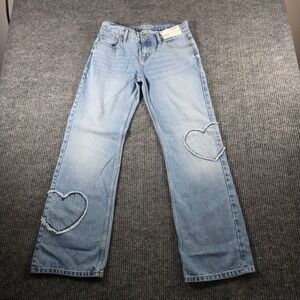 Arizona Jean Womens 2 Super Low Rise Straight Jeans Light Wash Heart Patch NEW